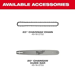 Accessories for the M18 FUEL 20 Dual Battery Chainsaw include a 20" chainsaw chain (49-16-2752) and a 20" chainsaw guide bar (49-16-2755).