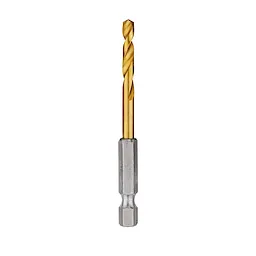 Red Helix Titanium Impact Drill Bit features a gold-colored titanium coating, a spiraled cutting edge, and a silver hexagonal base. This tool is designed for enhanced durability and efficient drilling in various materials.