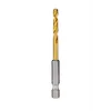 Red Helix Titanium Impact Drill Bit features a gold-colored titanium coating, a spiraled cutting edge, and a silver hexagonal base. This tool is designed for enhanced durability and efficient drilling in various materials.