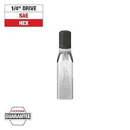 This image shows a Milwaukee 1/4" hex drive SAE bit with a metallic finish. The label "SAE" appears on the top left, and "Lifetime Guarantee" is on the bottom left. The tool has "Milwaukee" engraved on it.