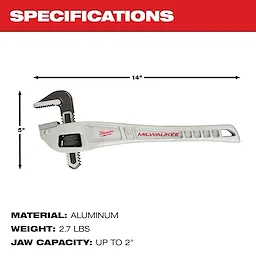 Milwaukee aluminum pipe wrench is 14 inches long and 5 inches high. It weighs 2.7 pounds and has a jaw capacity of up to 2 inches.