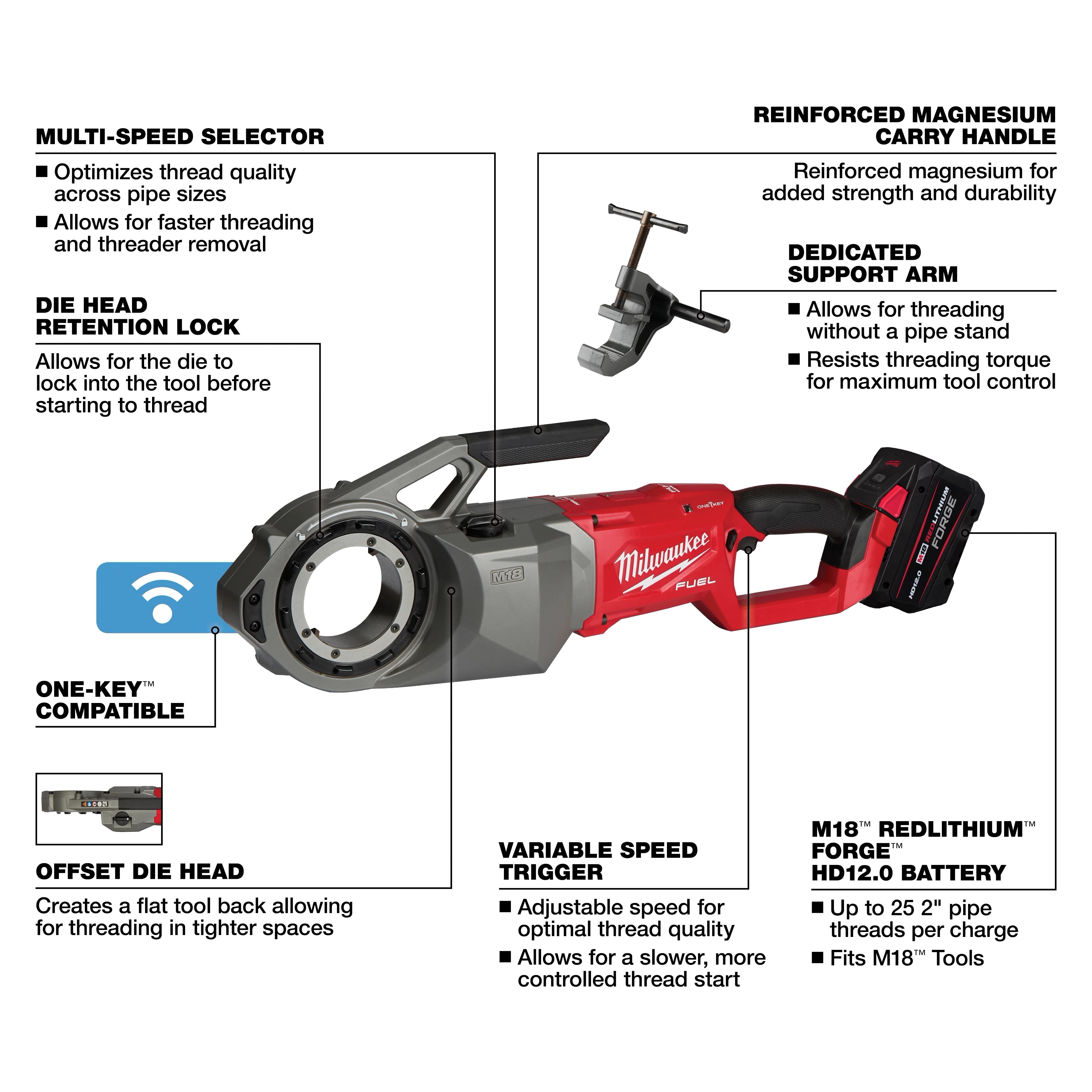 Milwaukee M18 FUEL Pipe Threader with ONE-KEY Kit is a cordless tool with variable speed trigger, die head retention lock, and reinforced magnesium handle.
