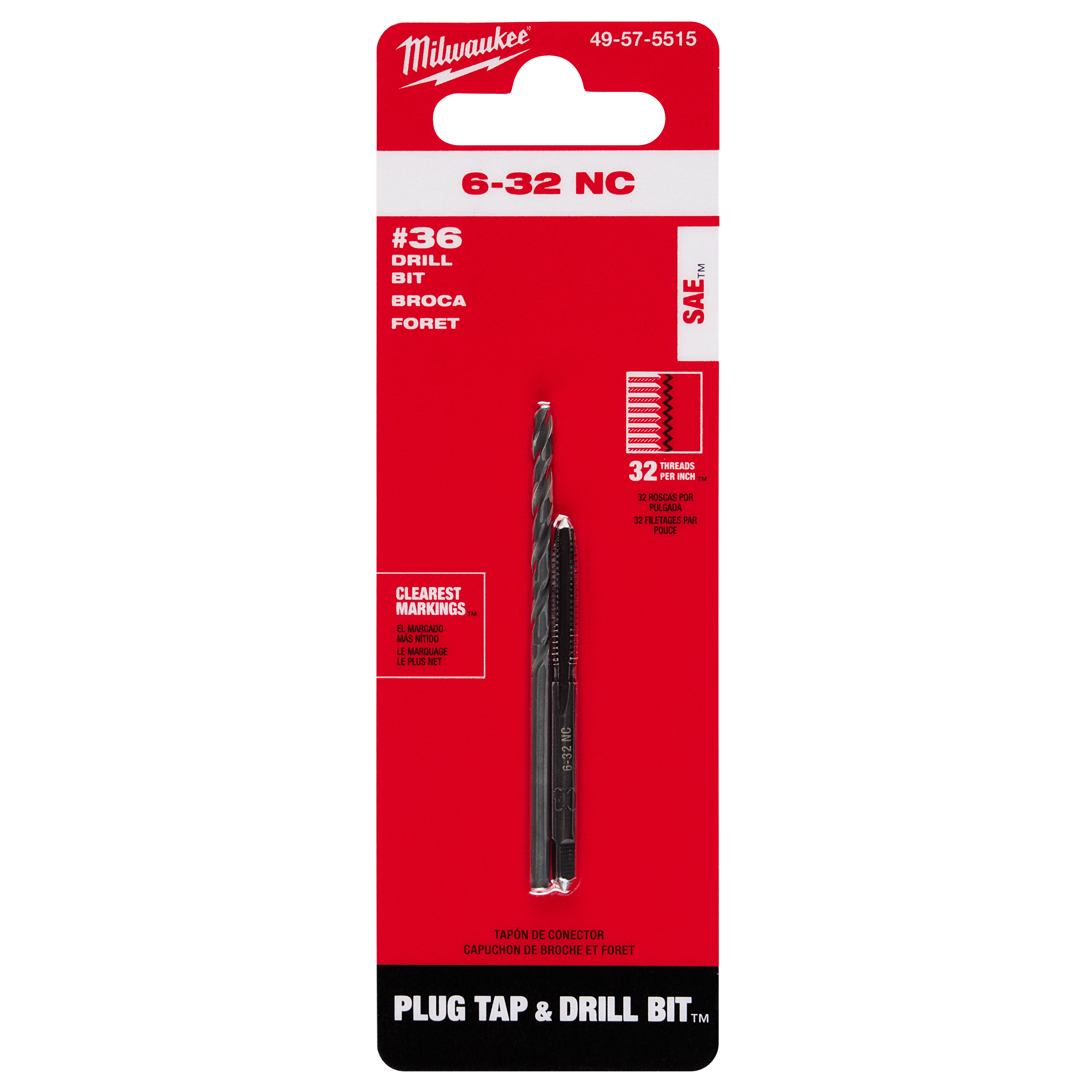 Red packaging of 6-32 Straight Flute Plug Tap & #36 Drill Bit, showing the product attached inside, suitable for metal threading tasks.