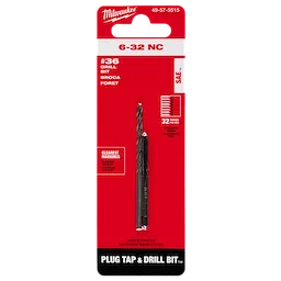 Red packaging of 6-32 Straight Flute Plug Tap & #36 Drill Bit, showing the product attached inside, suitable for metal threading tasks.