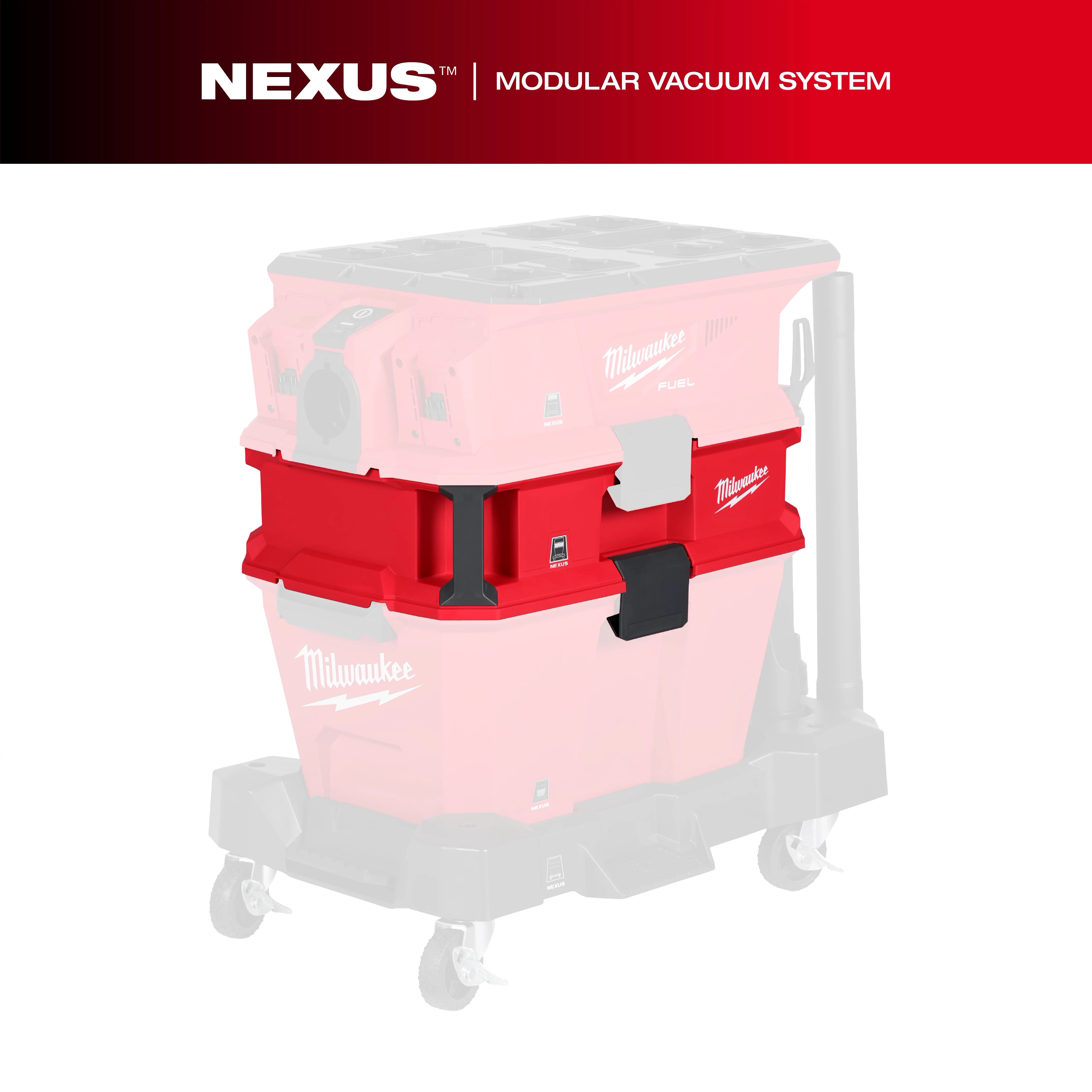 The NEXUS™ Dedicated Debris Separator is a red modular vacuum system accessory designed by Milwaukee. The image highlights the separator attached to a vacuum base with casters for mobility.