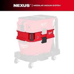 The NEXUS™ Dedicated Debris Separator is a red modular vacuum system accessory designed by Milwaukee. The image highlights the separator attached to a vacuum base with casters for mobility.