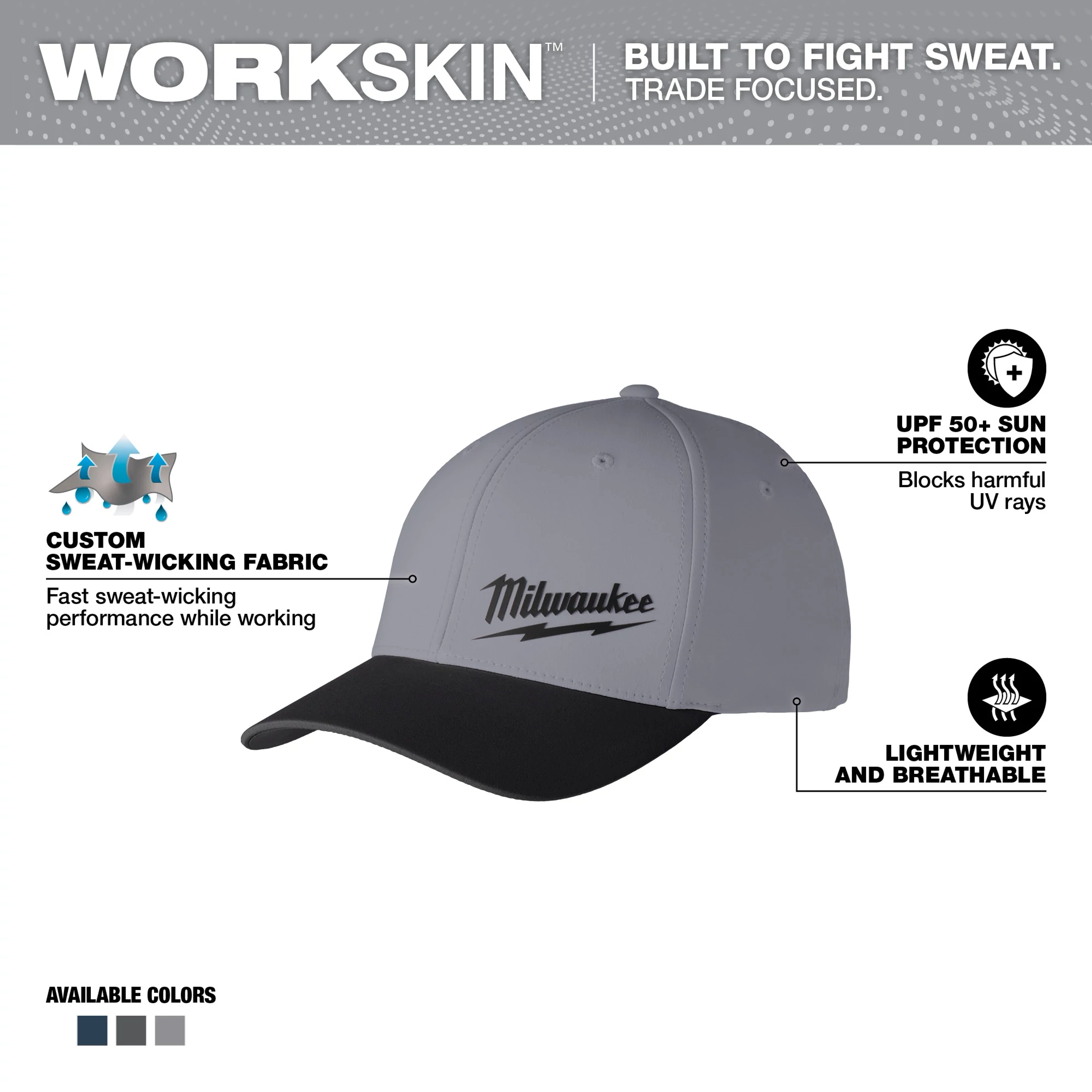 WORKSKIN Performance Fitted Hat - Dark Gray Walkaround, featuring sweat-wicking fabric, UPF 50+ sun protection, available in three colors.