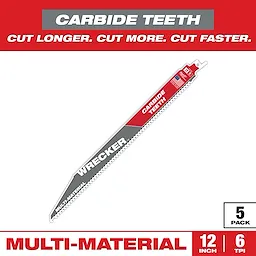 Sawzall Bi-Metal Carbide Primary Images show a 12-inch Wrecker blade with carbide teeth for multi-material cutting. The packaging highlights "Cut Longer. Cut More. Cut Faster." It is a 5-pack with 6 TPI (teeth per inch).