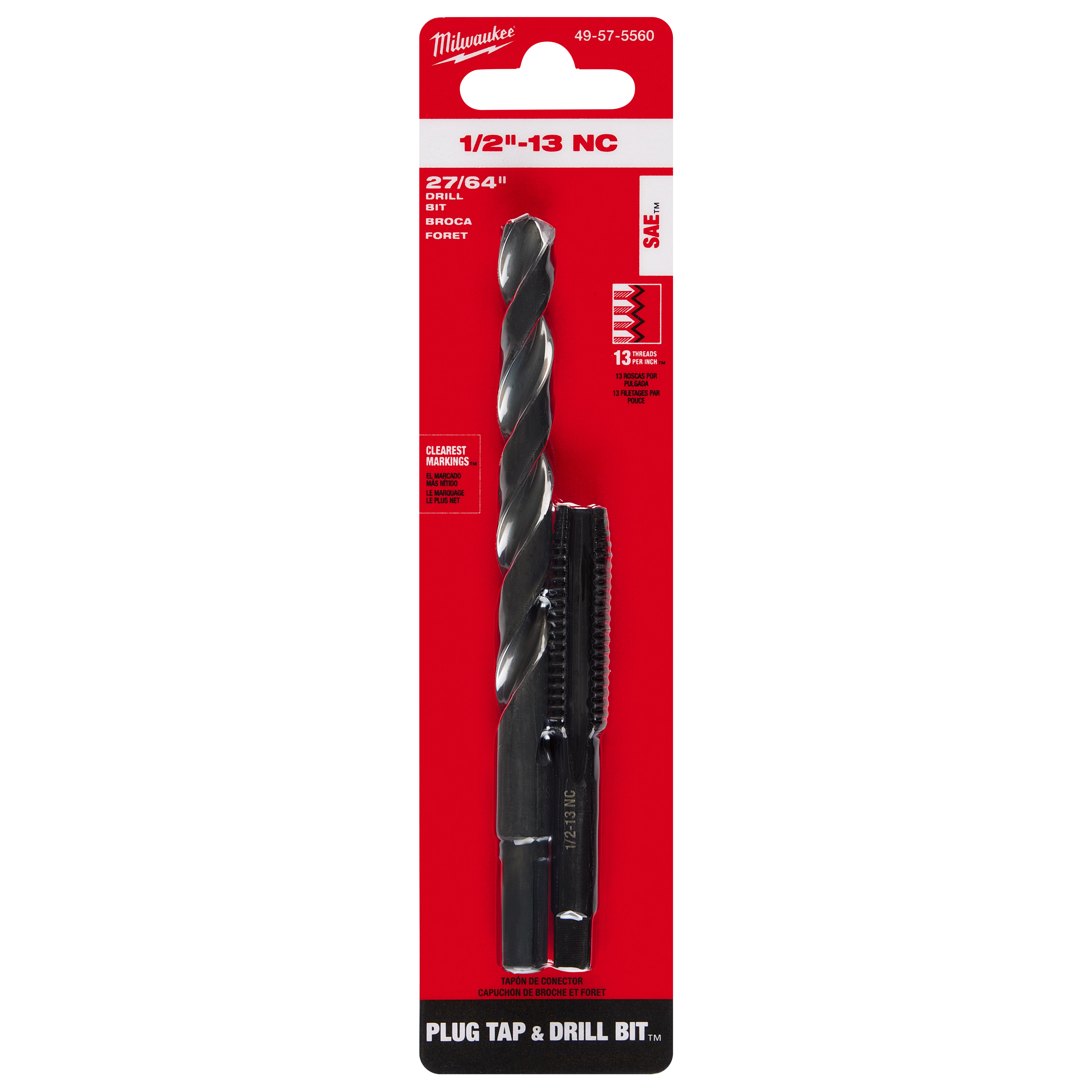 1/2"-13 Straight Flute Plug Tap and 27/64" Drill Bit in red packaging. Includes black tap and drill bit with product specifications.