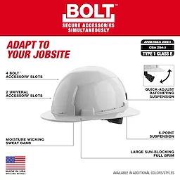 BOLT White Full Brim Hard Hat features 6-point ratcheting suspension, four accessory slots, two universal slots, a moisture-wicking sweatband, and provides sun-blocking coverage. It meets ANSI/ISEA Z89.1 and CSA Z94.1 standards, Type 1 Class E.