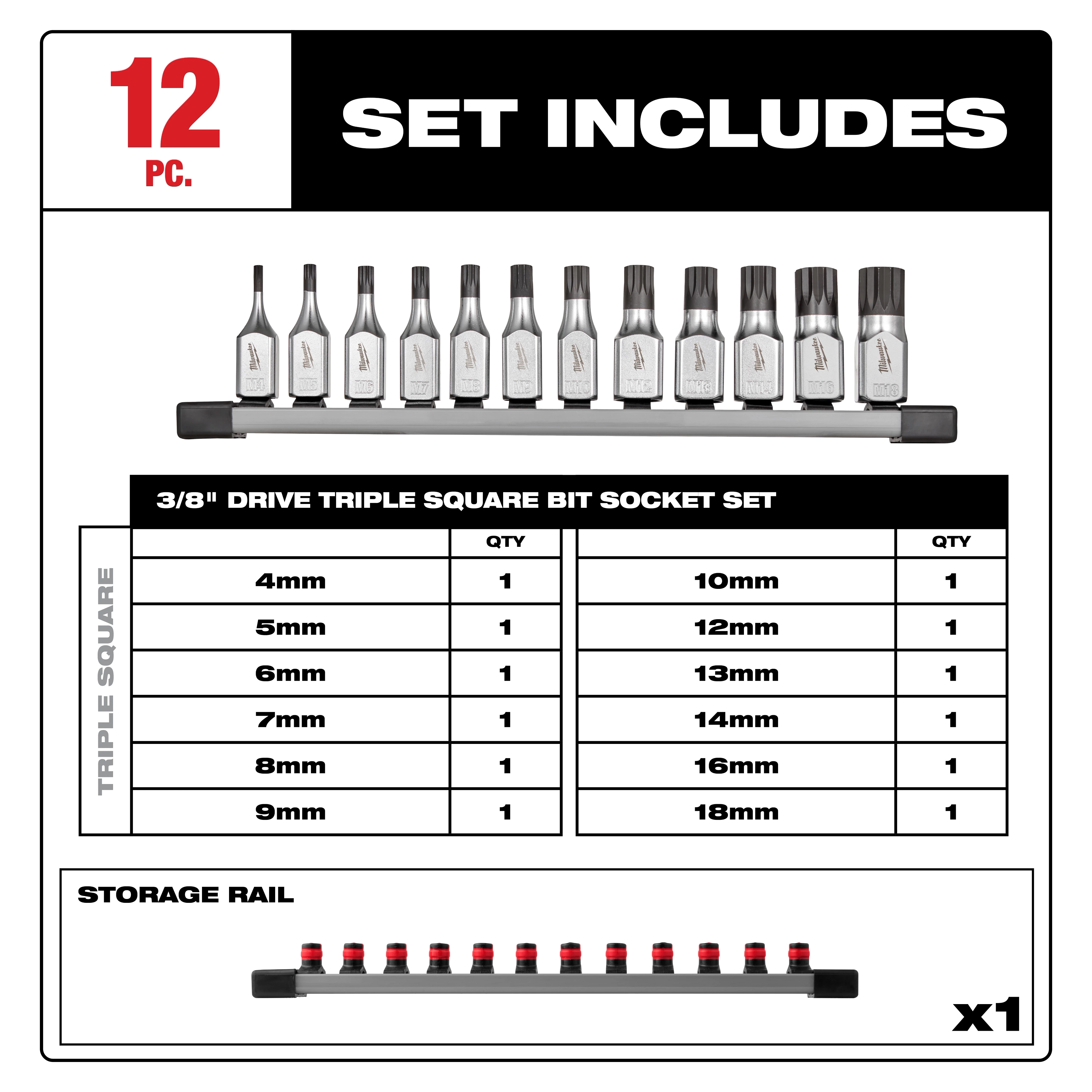 12pc 3/8" Drive Triple Square Bit Socket Set includes 12 sockets in sizes from 4mm to 18mm, with a storage rail included.