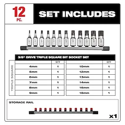 12pc 3/8" Drive Triple Square Bit Socket Set includes 12 sockets in sizes from 4mm to 18mm, with a storage rail included.