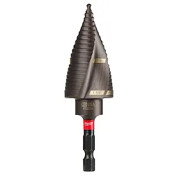 Impact Step Drill Bit features a tapered, spiral design with multiple size increments engraved. It has a hexagonal shank and is marked with "USA" and "803222." The drill bit is suitable for precise drilling in metal and other durable materials, ensuring clean holes of varying diameters.