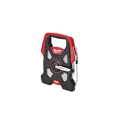 Long Tape 300 FT has a black and red casing with a handle and a manual crank for winding the tape back into the case.