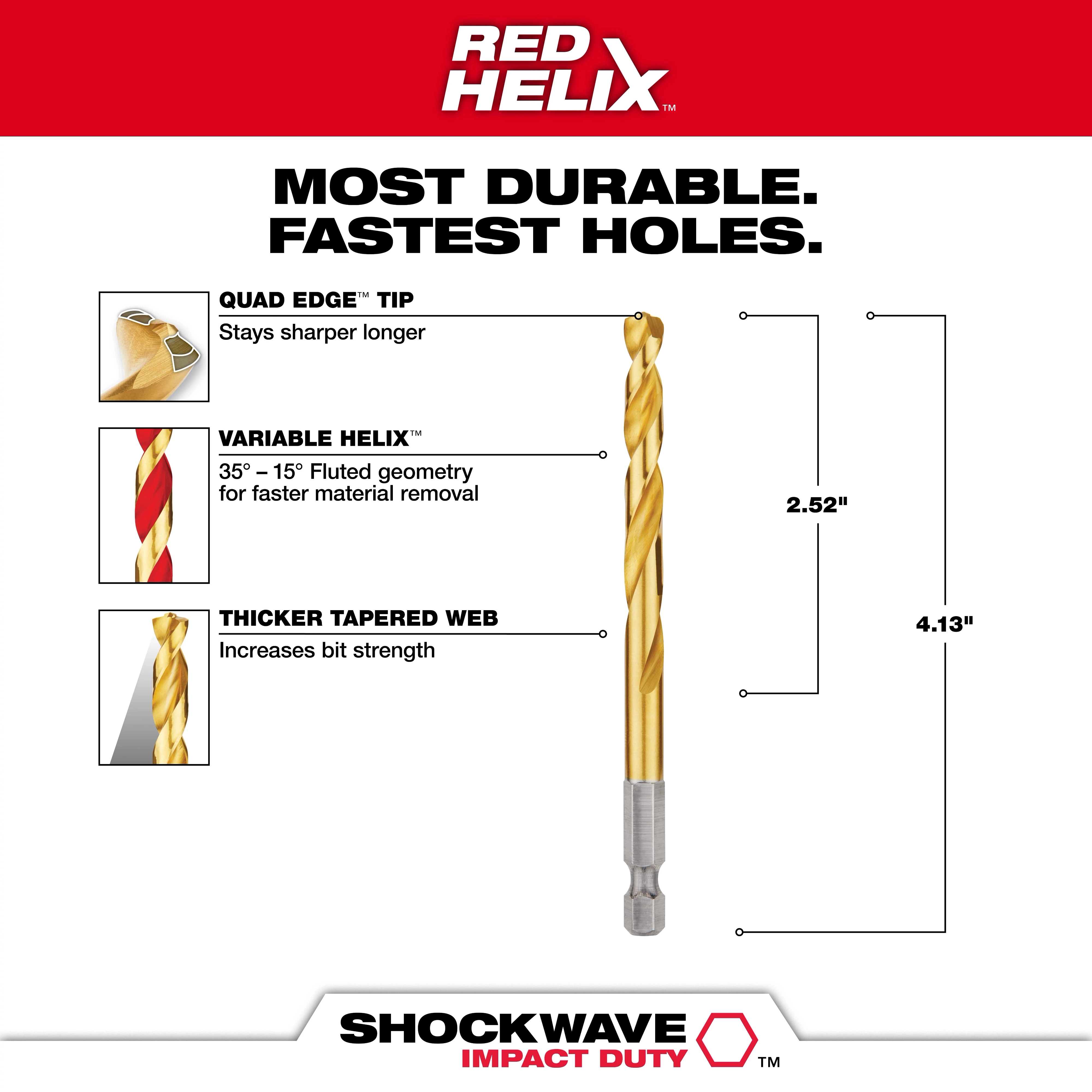 Milwaukee 48-89-4614 drill bit features a Quad Edge tip for durability, Variable Helix for debris removal, and a Tapered Web for strength.