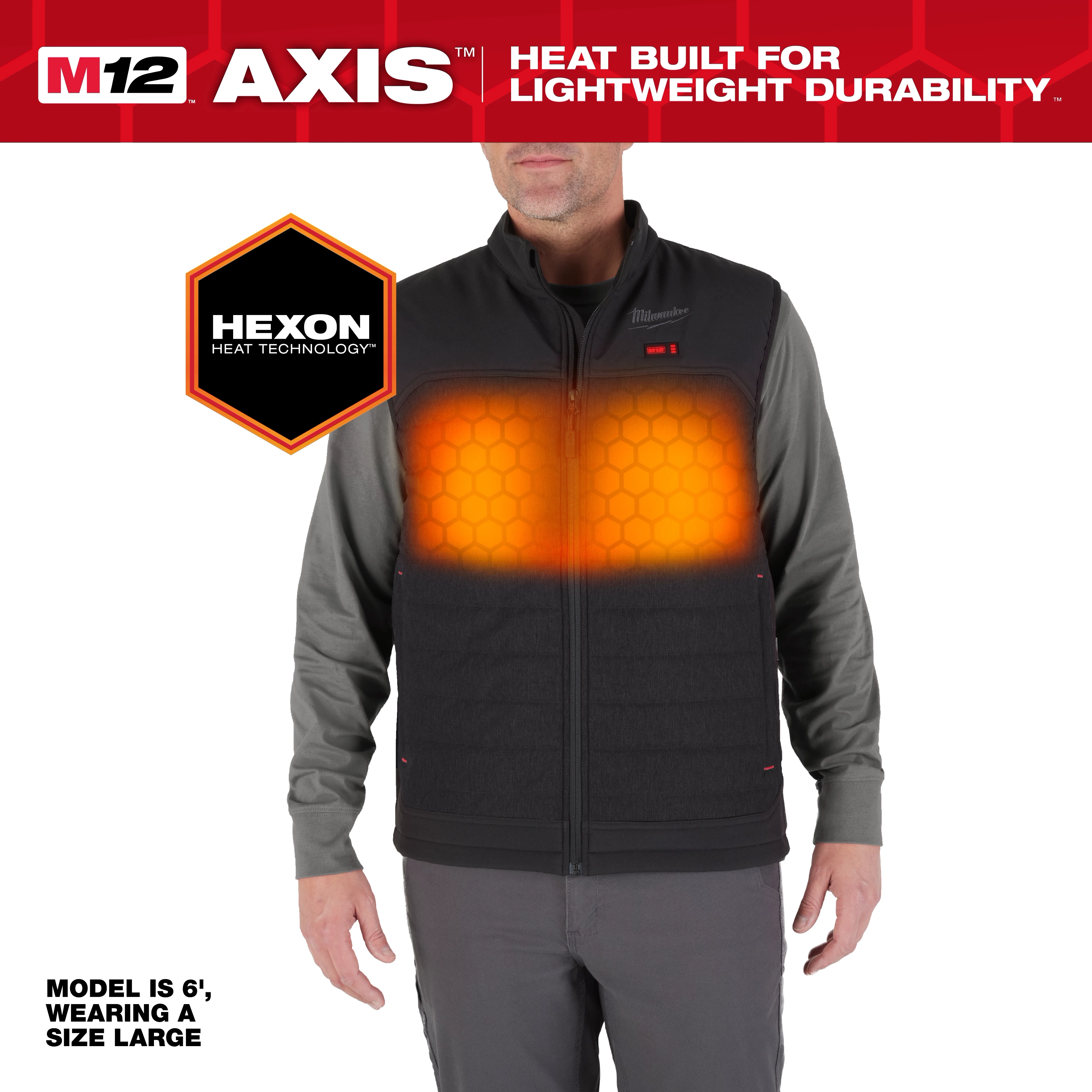 M12 Heated AXIS Jacket shown with highlighted heating zones on chest, model wearing a size large, featuring HEXON Heat Technology.