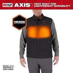 M12 Heated AXIS Jacket shown with highlighted heating zones on chest, model wearing a size large, featuring HEXON Heat Technology.
