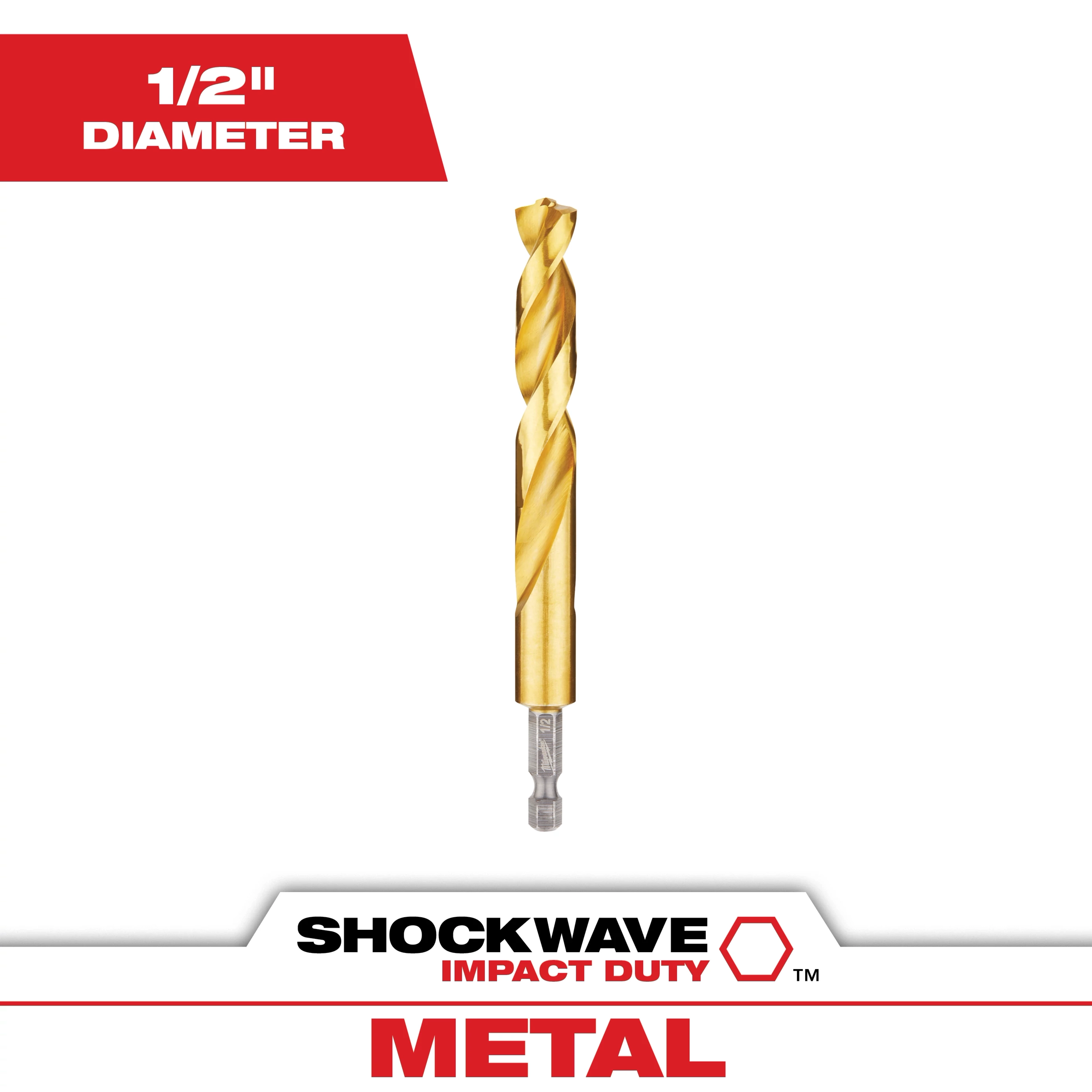 SHOCKWAVE 1/2 in. Titanium Twist Drill Bit is presented against a white background. The bit is gold-colored with a spiral fluted design, suitable for metal drilling. Bold red text indicates the diameter as 1/2 inch, and the product name is mentioned below along with "METAL" text.