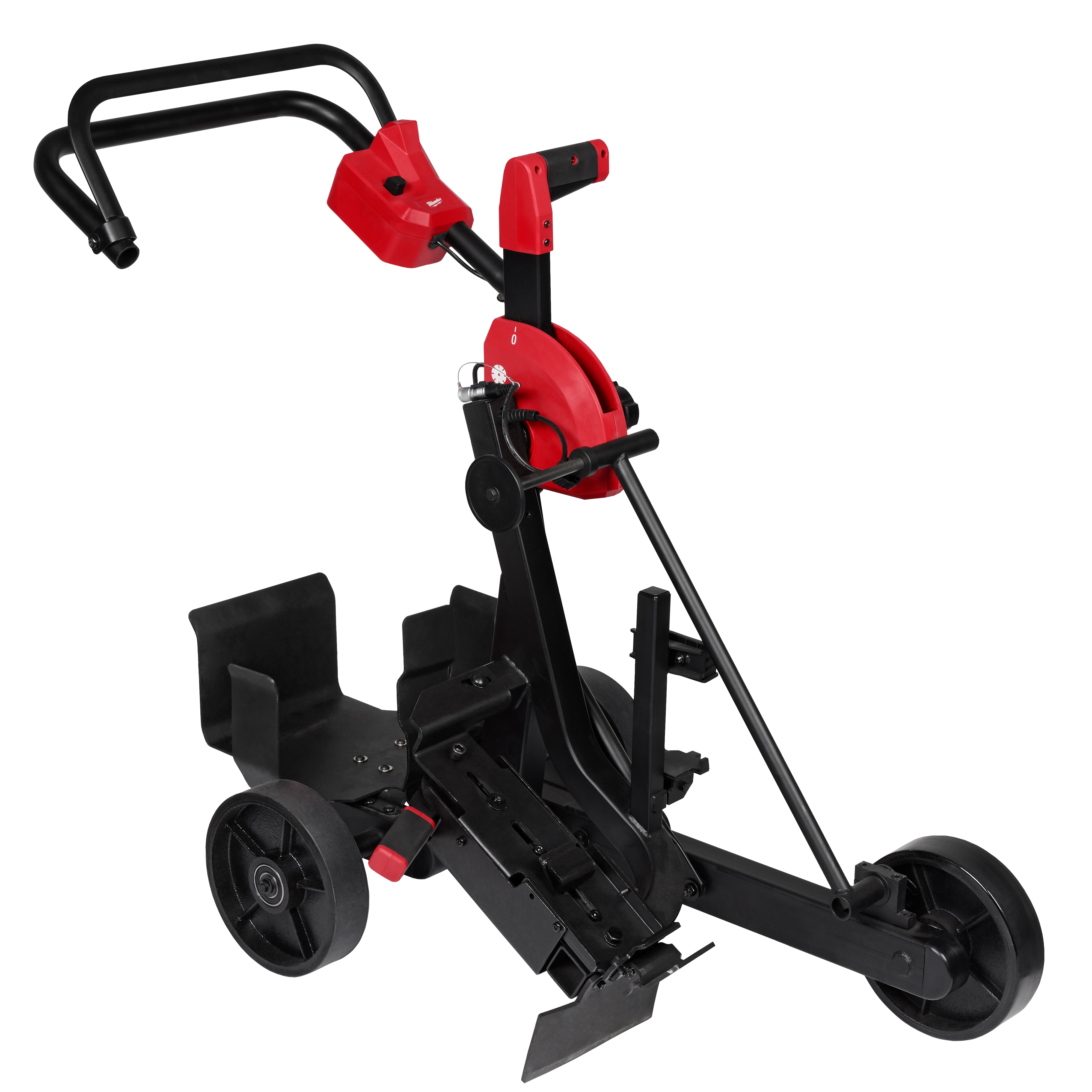Red and black MX FUEL Cut-Off Saw Cart GEN 2 with adjustable handle and two wheels for portability and stability.