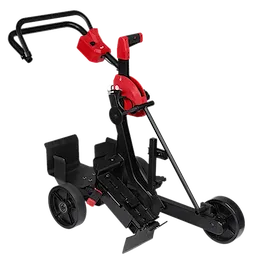 Red and black MX FUEL Cut-Off Saw Cart GEN 2 with adjustable handle and two wheels for portability and stability.