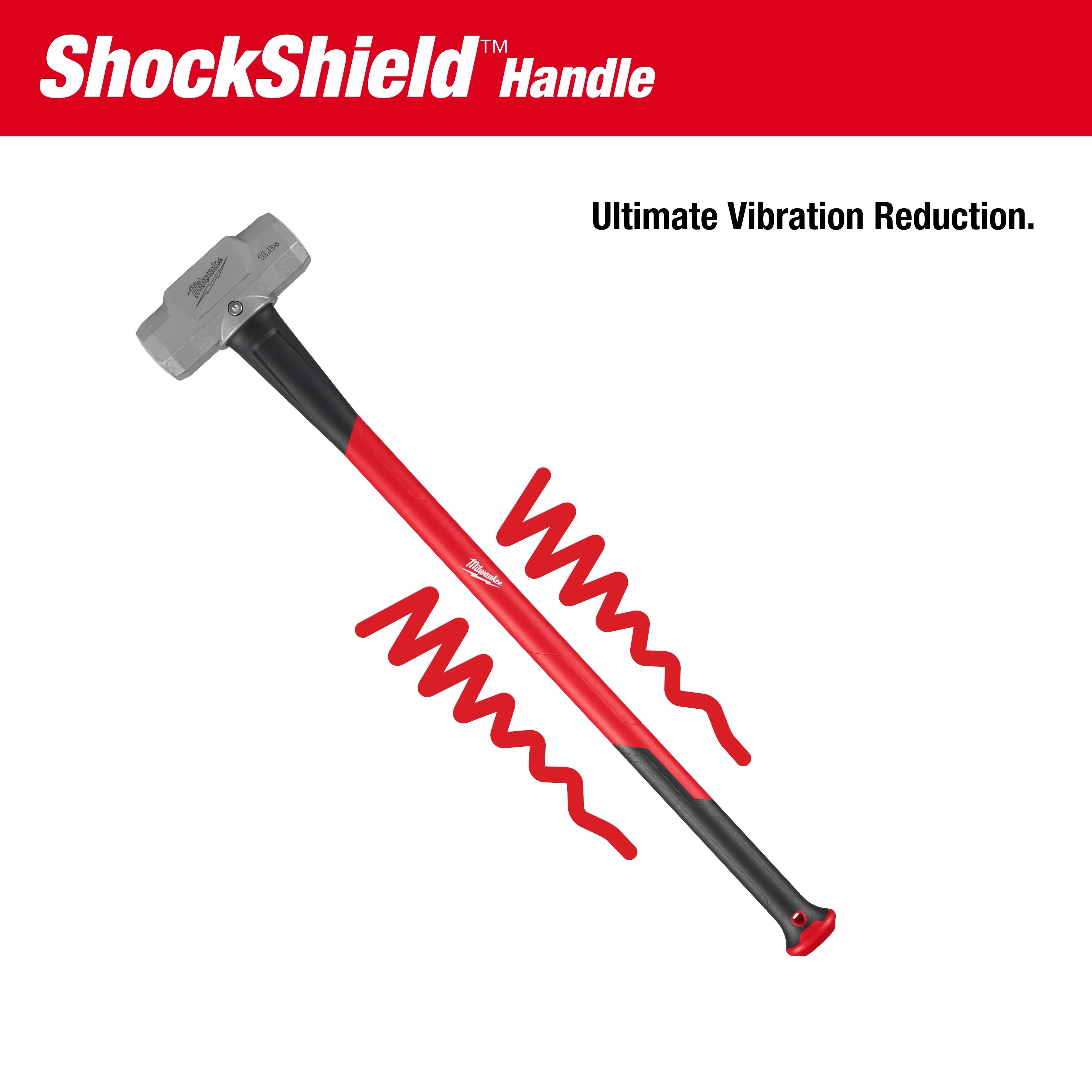 10lb Sledge Hammer (36" Handle) with integrated ShockShield handle for ultimate vibration reduction, shown with red and black design.