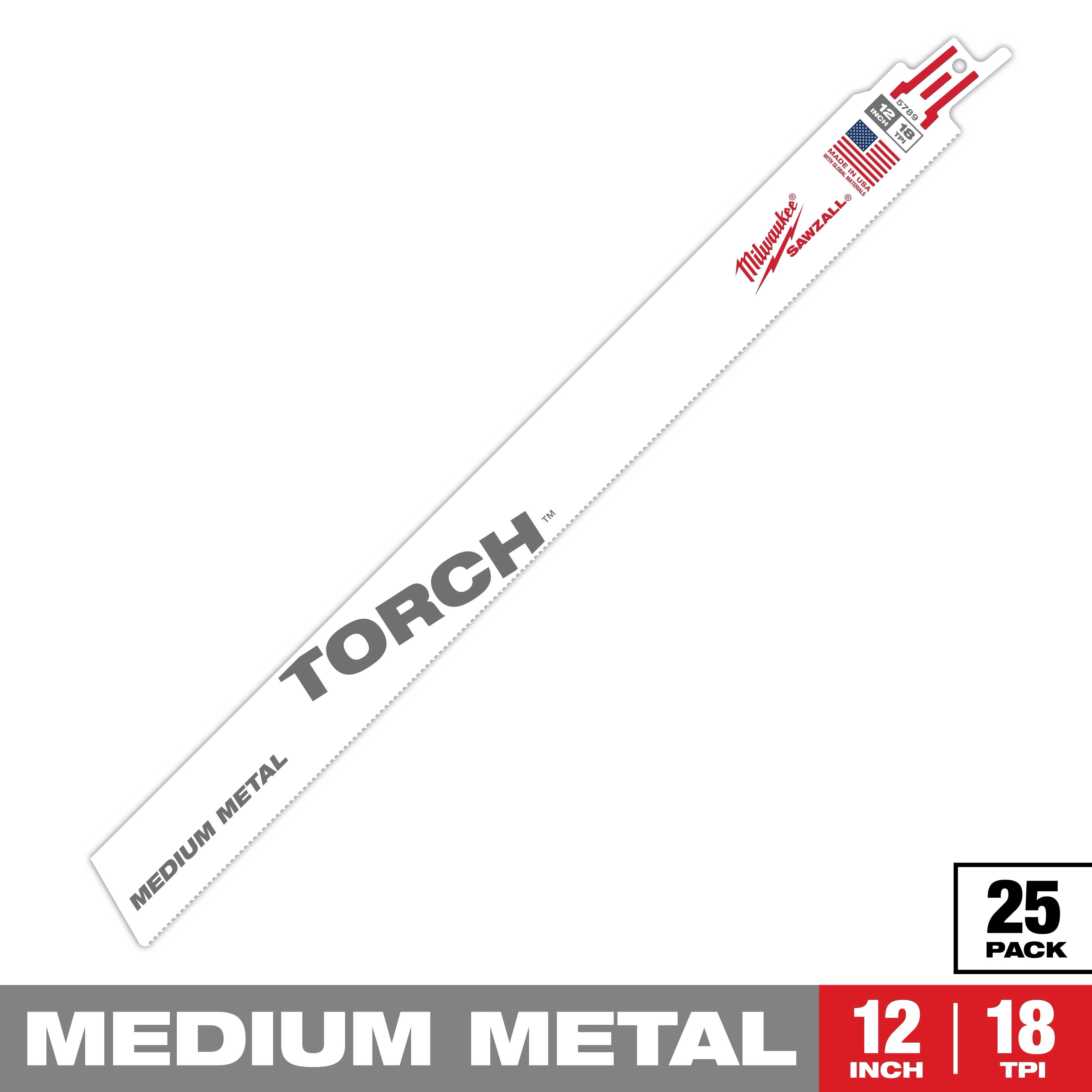 Milwaukee Torch medium metal saw blade measures 12 inches with 18 teeth per inch (TPI). The blade is white with grey text and features the brand's logo in red. It comes in a pack of 25.