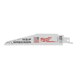The 6in. Wrecker Sawzall Blade is a silver reciprocating saw blade with a jagged edge. It features logos, an American flag, and the words "Milwaukee," "Wrecker," and "Sawzall" printed on the blade surface, indicating its brand and type.