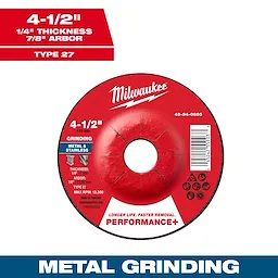 4-1/2" x 1/4" x 7/8" Performance+ Metal Grinding Wheel - Type 27 features a red center with specifications and barcode.
