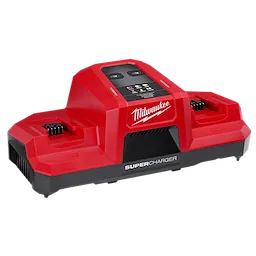 Red Milwaukee M18 Dual Bay Simultaneous Super Charger with two charging slots and a black base, designed for quick battery charging.