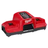 Red Milwaukee M18 Dual Bay Simultaneous Super Charger with two charging slots and a black base, designed for quick battery charging.