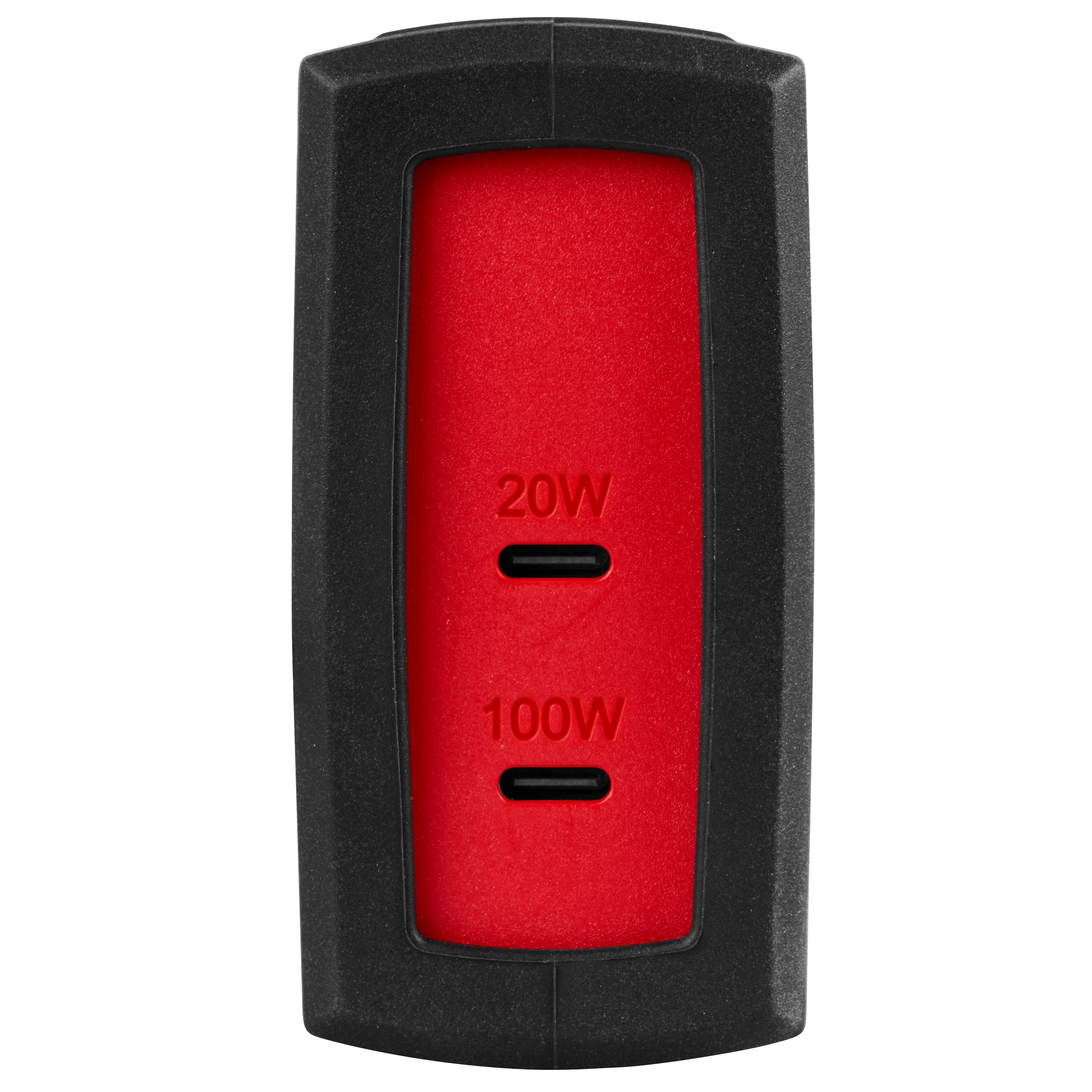 The 120W USB-C Wall Adapter features a rectangular black casing with a red front panel. It has two USB-C ports labeled 20W and 100W for versatile charging options.
