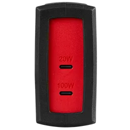 The 120W USB-C Wall Adapter features a rectangular black casing with a red front panel. It has two USB-C ports labeled 20W and 100W for versatile charging options.