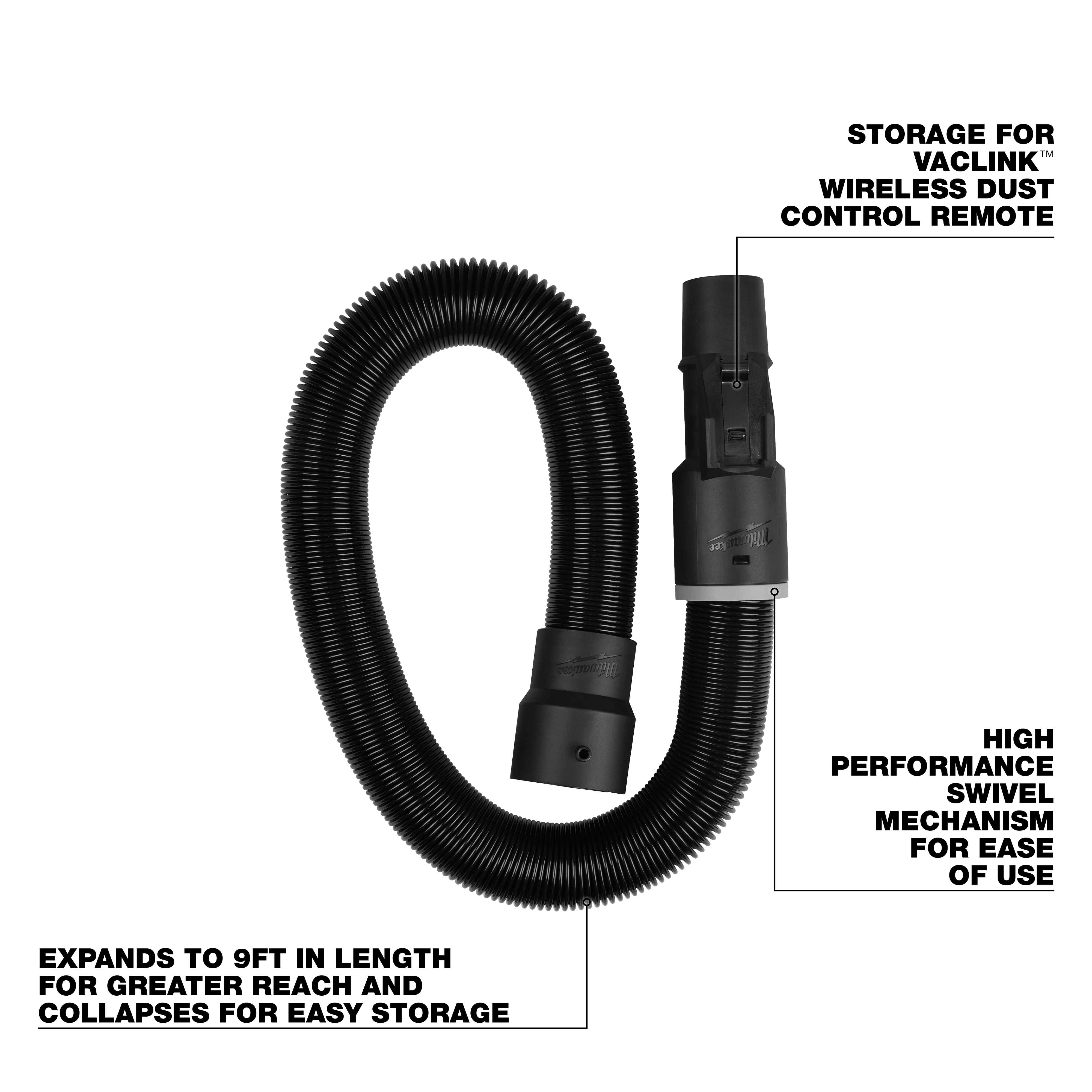 Coiled 1-7/8" x 9' Expandable Hose with swivel connector and labeled storage features on a plain background.