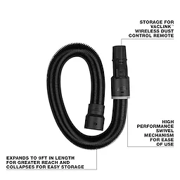 Coiled 1-7/8" x 9' Expandable Hose with swivel connector and labeled storage features on a plain background.