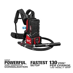 The MX FUEL™ Backpack High Cycle Concrete Vibrator Kit w/ 7' Whip / 1.75" Head features a portable design with a red and black exterior. The text mentions its powerful and consistent consolidation, fast setup, and 130 yds³ per charge performance with a 1.75" head and 7' whip.