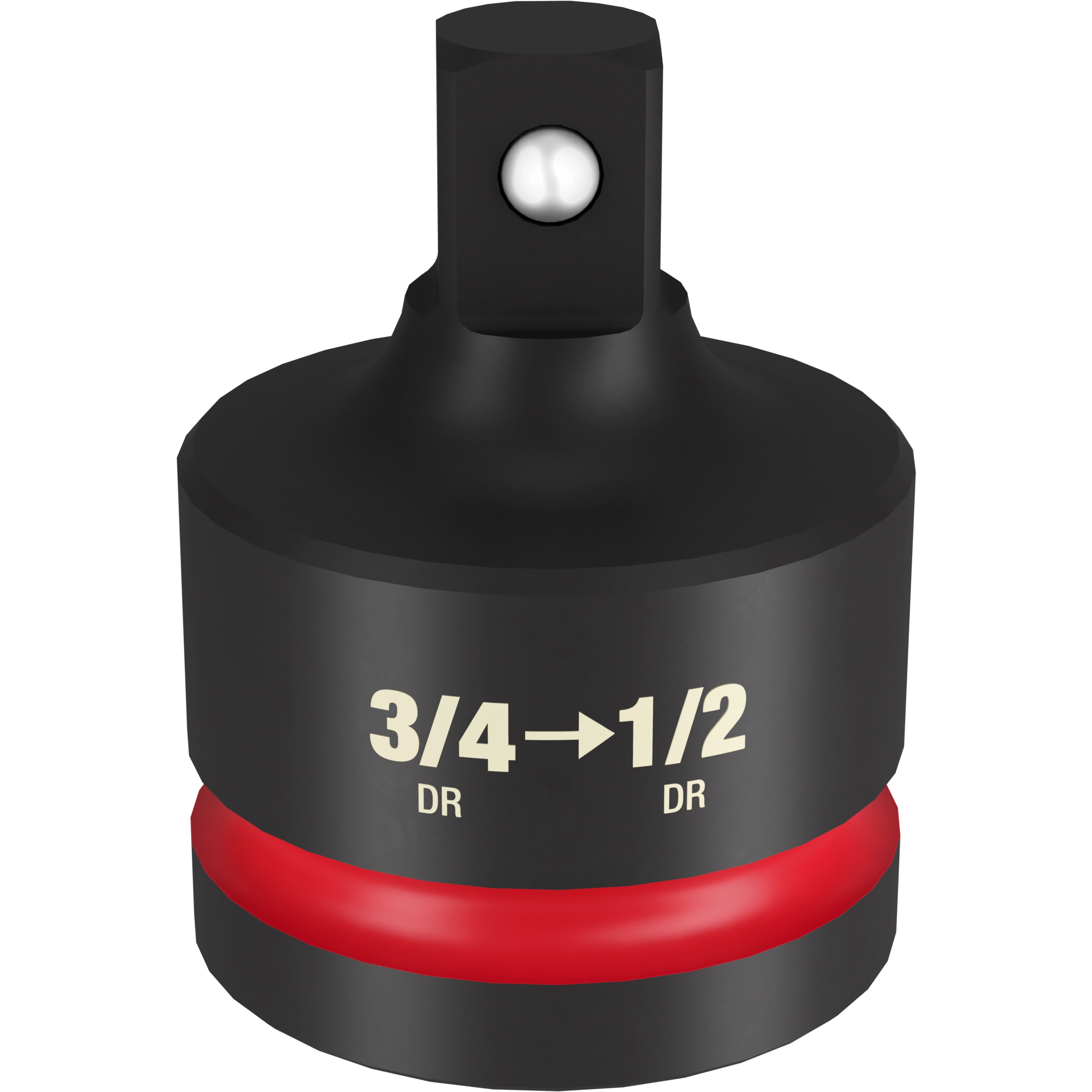 The 3/4 DR TO 1/2 DR IMPACT REDUCER is a black, cylindrical adapter used to connect 3/4-inch drive tools to 1/2-inch drive sockets. It features a red band and clear labeling for easy identification. The metal ball detent helps secure the connection.