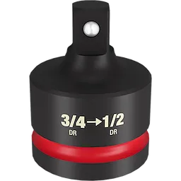 The 3/4 DR TO 1/2 DR IMPACT REDUCER is a black, cylindrical adapter used to connect 3/4-inch drive tools to 1/2-inch drive sockets. It features a red band and clear labeling for easy identification. The metal ball detent helps secure the connection.