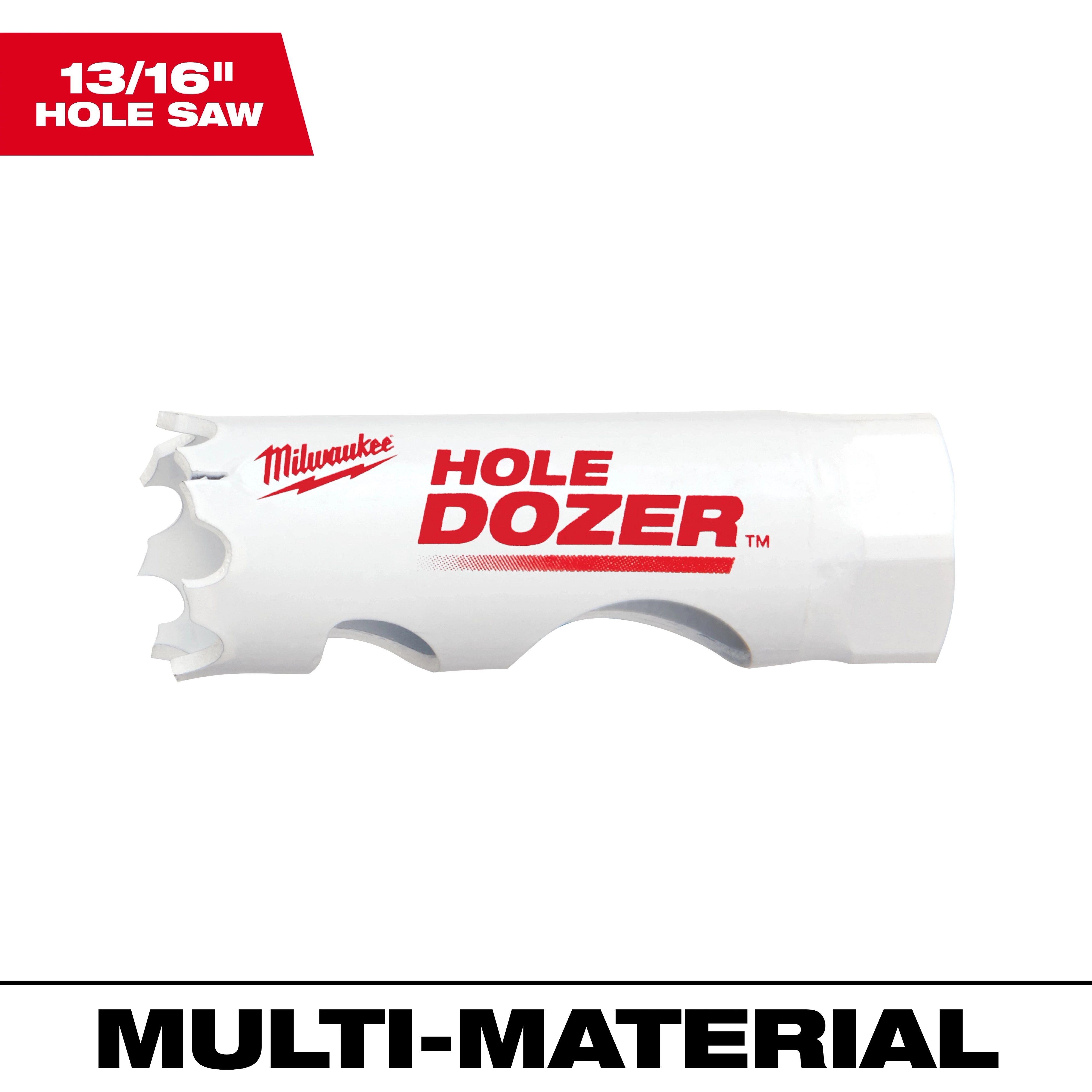 13/16" Hole Dozer Bi-Metal Hole Saw in white, featuring aggressive teeth for enhanced cutting performance on multi-material.