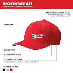 Red Fitted Hat with a large printed logo, structured style, 3-1/2" crown depth, curved visor, and flexible stretch-fit band. Available in black, gray, and red.