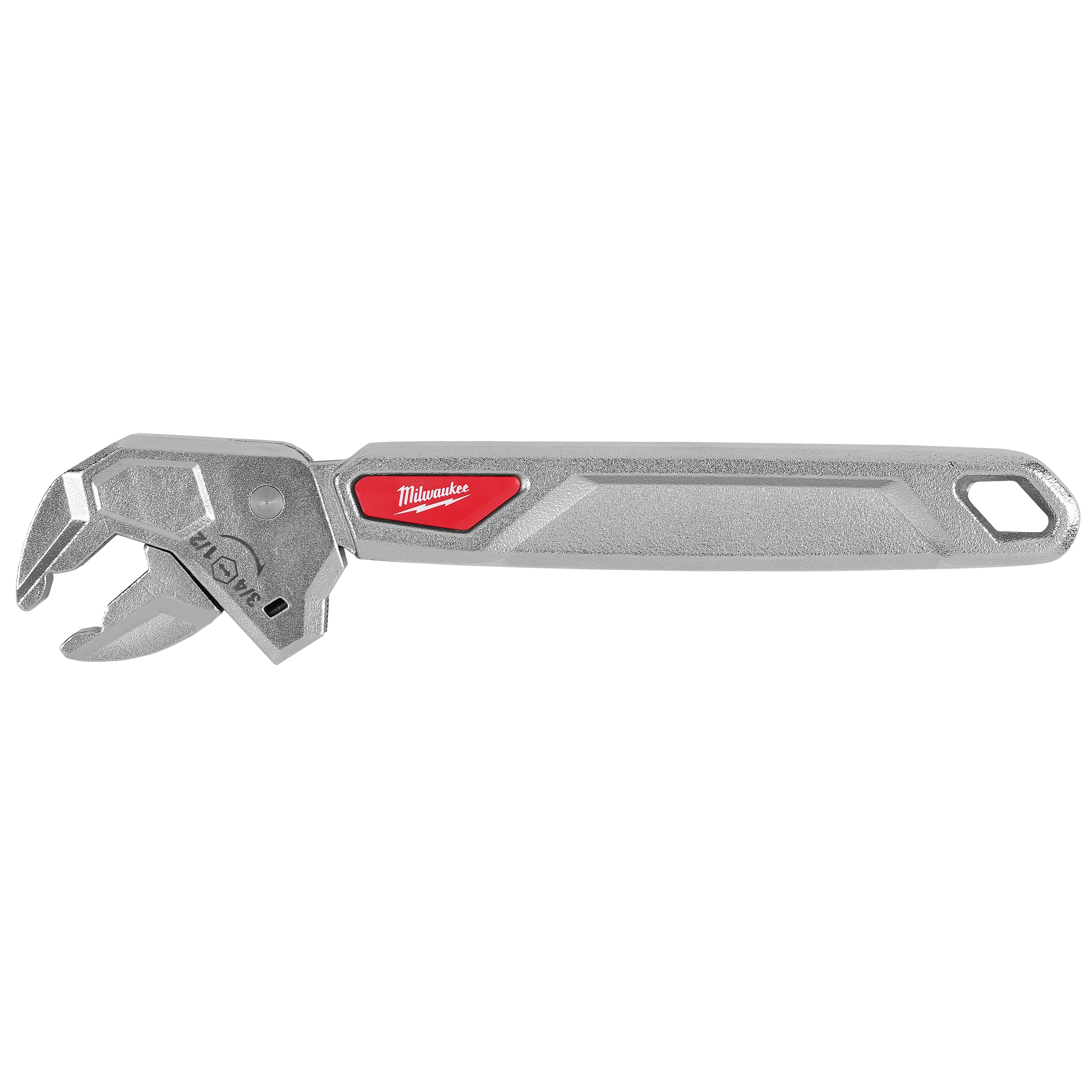 8" Ratcheting Adjustable Wrench with textured metal handle and open jaw, featuring a red accent panel.