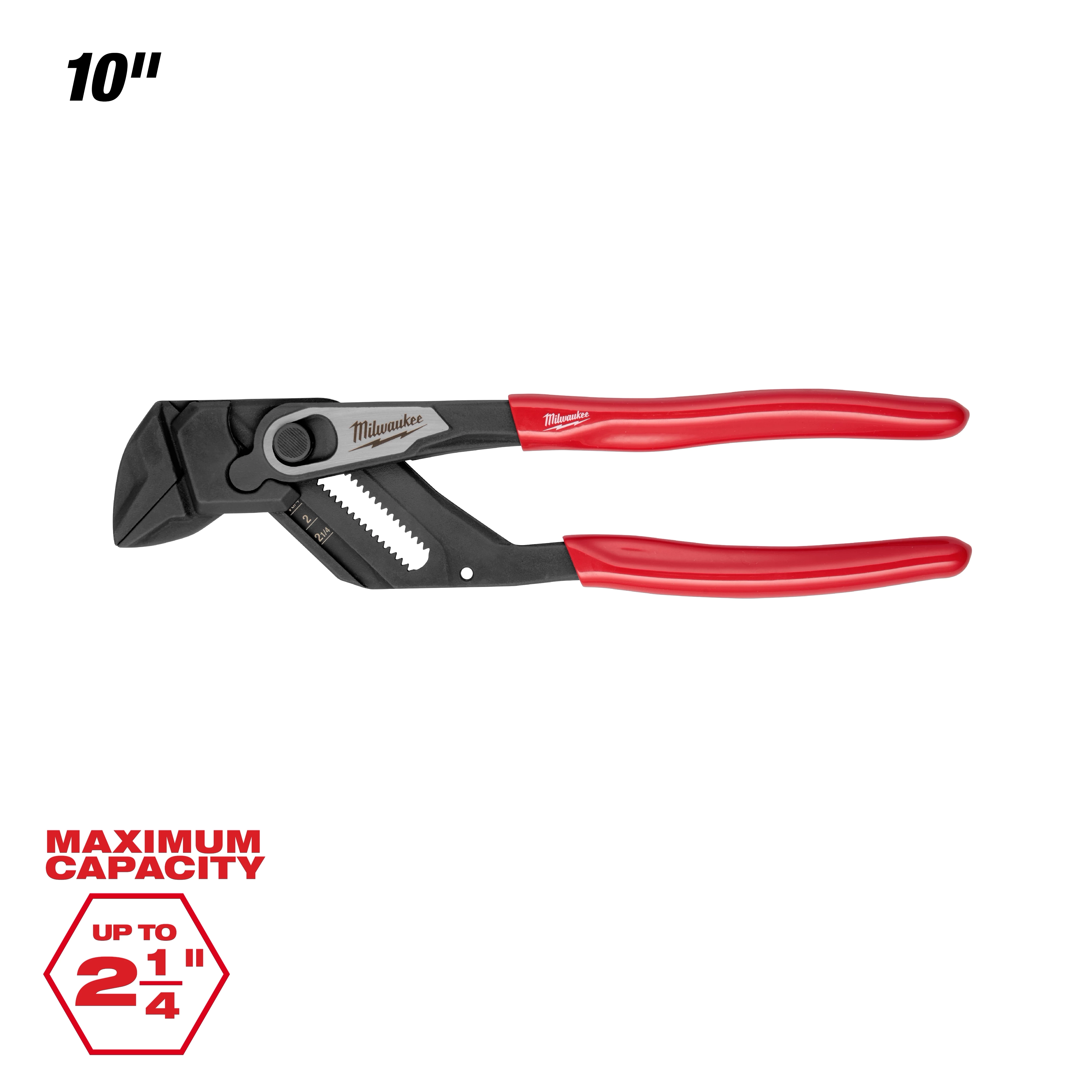 10" Pliers Wrench with black jaws and red handles. Maximum capacity of up to 2 1/4 inches.