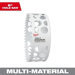 6" HOLE DOZER with Carbide Teeth Hole Saw features a white body with carbide teeth and multiple holes for material extraction.