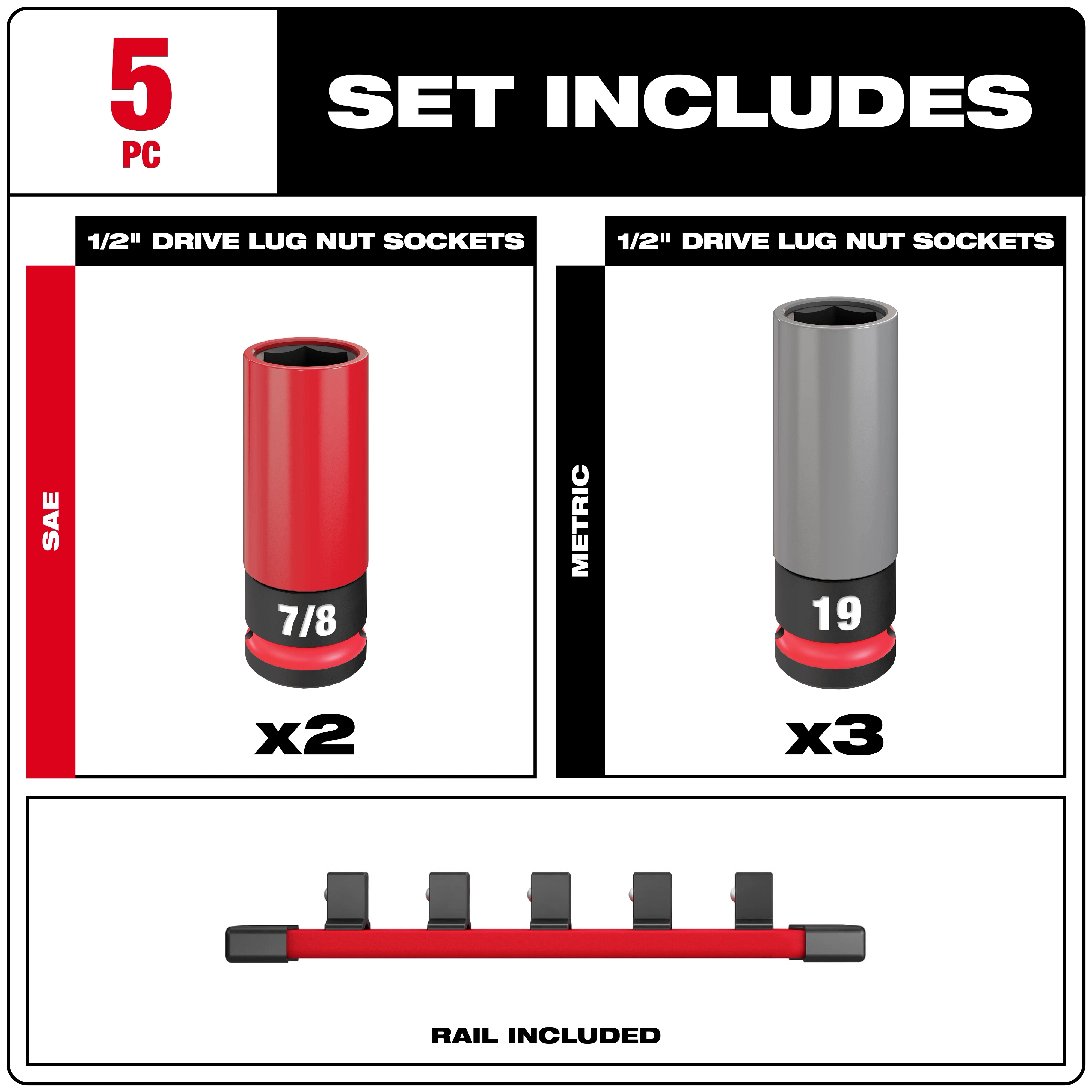 The image displays a 5-piece set of 1/2" Drive Lug Nut Sockets. It includes two SAE sockets (size 7/8) and three metric sockets (size 19), with a rail for organization included.