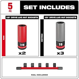 The image displays a 5-piece set of 1/2" Drive Lug Nut Sockets. It includes two SAE sockets (size 7/8) and three metric sockets (size 19), with a rail for organization included.