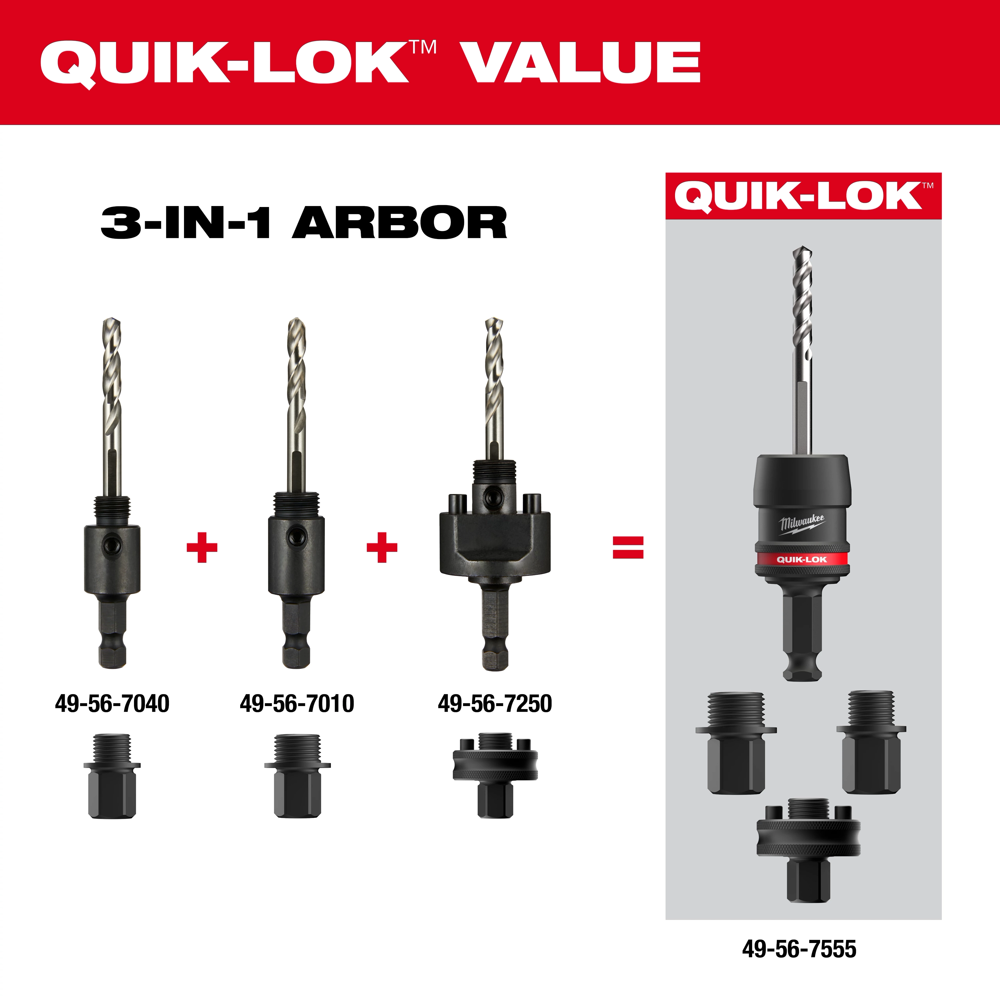 QUIK-LOK™ Arbor Set includes three separate components (49-56-7040, 49-56-7010, 49-56-7250) that combine to form a versatile 3-in-1 arbor (49-56-7555) designed for various drilling applications. Additional adapters are shown at the bottom of the image for compatibility purposes.