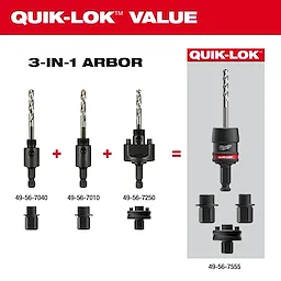 QUIK-LOK™ Arbor Set includes three separate components (49-56-7040, 49-56-7010, 49-56-7250) that combine to form a versatile 3-in-1 arbor (49-56-7555) designed for various drilling applications. Additional adapters are shown at the bottom of the image for compatibility purposes.