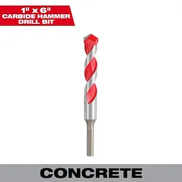1 in. x 6 in. carbide hammer drill bit designed for drilling concrete, stone, and masonry, featuring a red and silver spiral pattern.