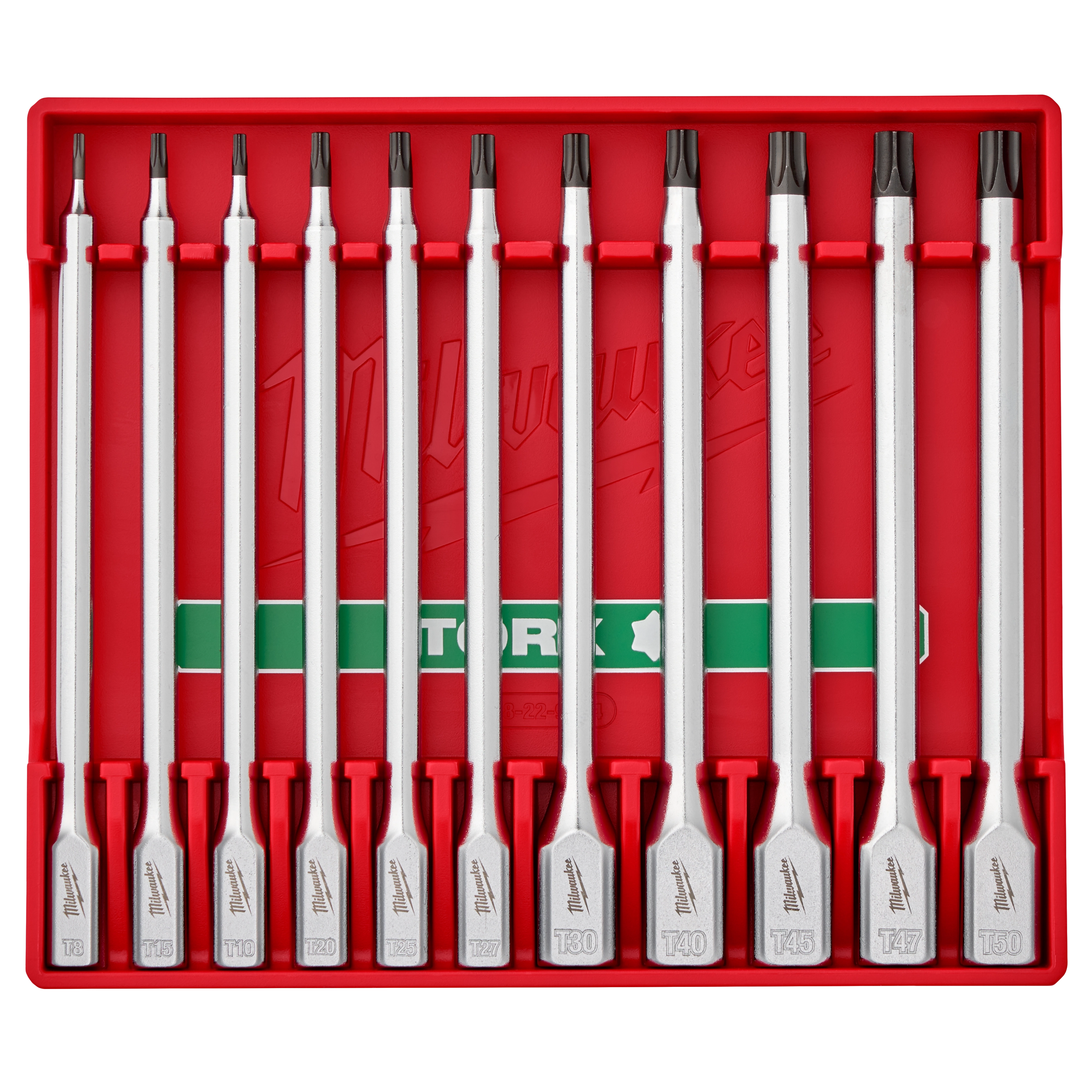 The 11pc 1/4” and 3/8” Drive Long TORX® Bit Socket Set is displayed in a red organizer case. The set includes eleven assorted TORX® bit sockets, each labeled with its size, ranging from T8 to T50.