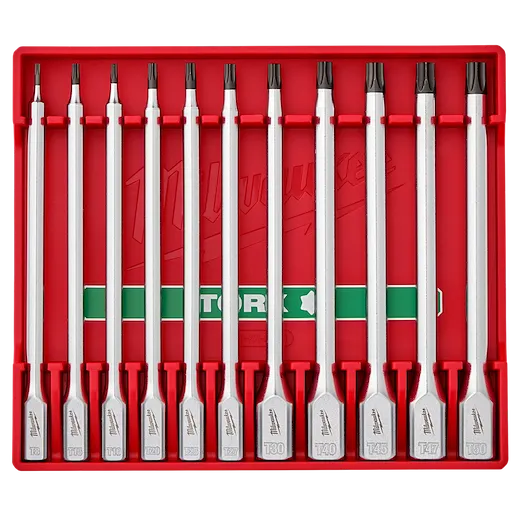 The 11pc 1/4” and 3/8” Drive Long TORX® Bit Socket Set is displayed in a red organizer case. The set includes eleven assorted TORX® bit sockets, each labeled with its size, ranging from T8 to T50.