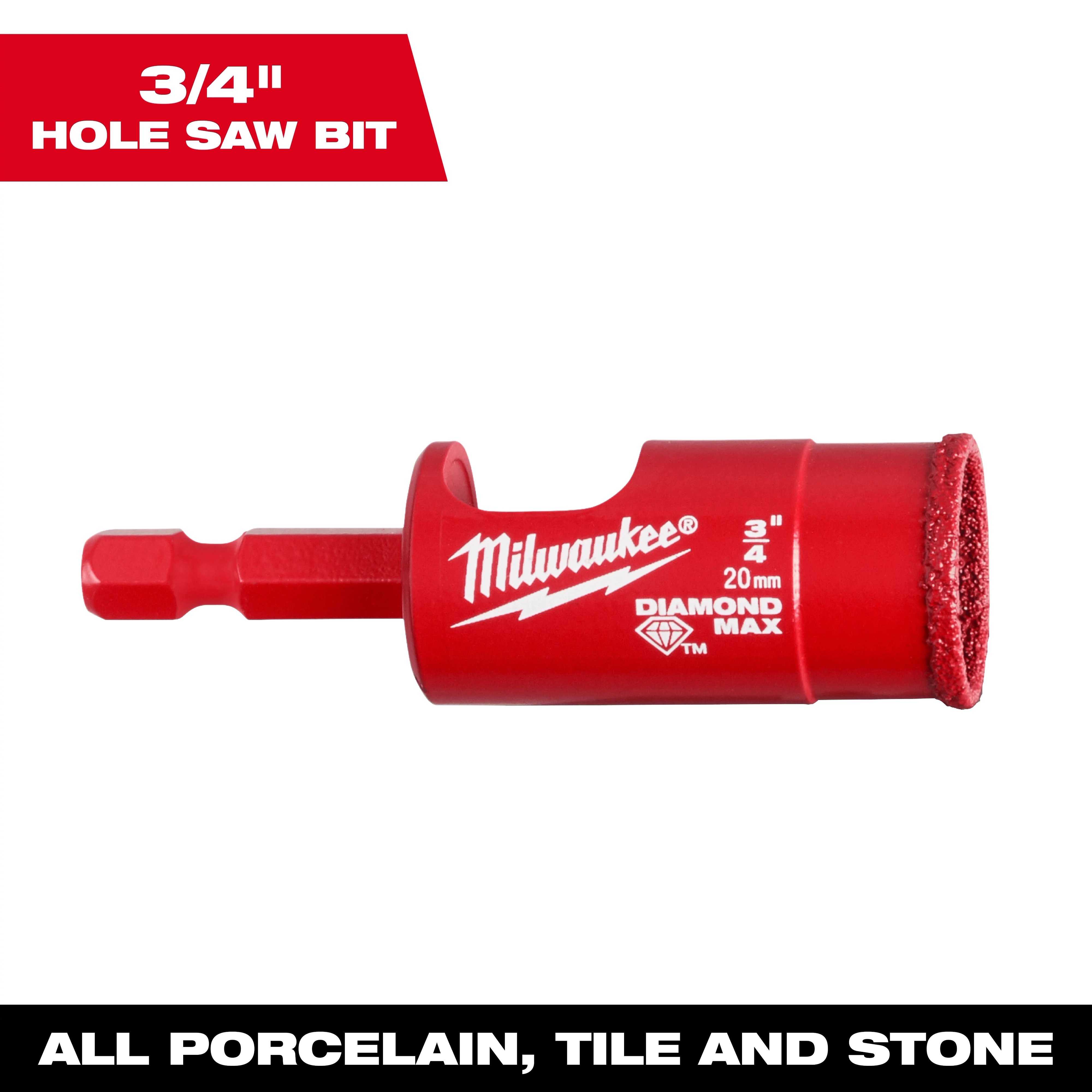 Red 3/4" Diamond Max Hole Saw for drilling porcelain, tile, and stone, with a hex shank and diamond-coated cutting edge.